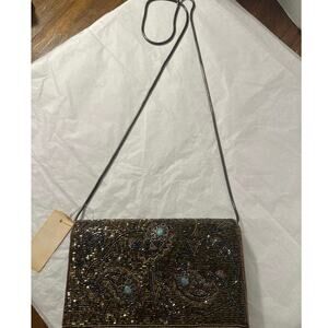Vintage Carolyne Barton Bronze beaded Gem Clutch bag Fold over chain strap NWT